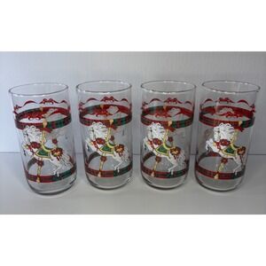 🎠4 Vintage 1990 House of Lloyd Christmas Glasses Carousel Horse Tumblers Libbey